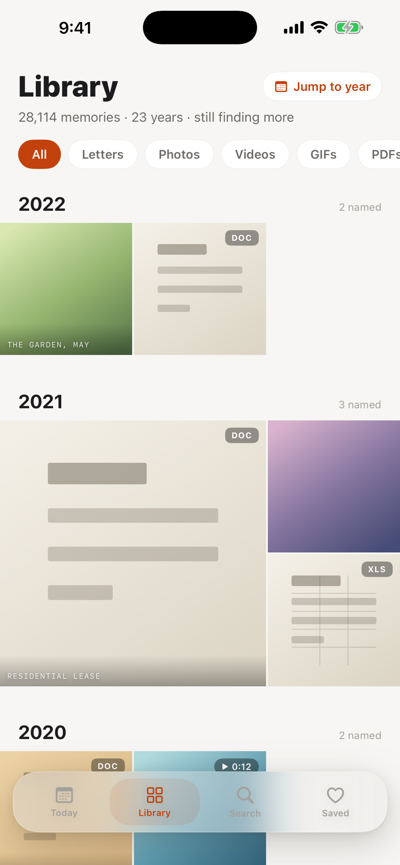 The Library: the whole archive as a year-grouped grid of memories.