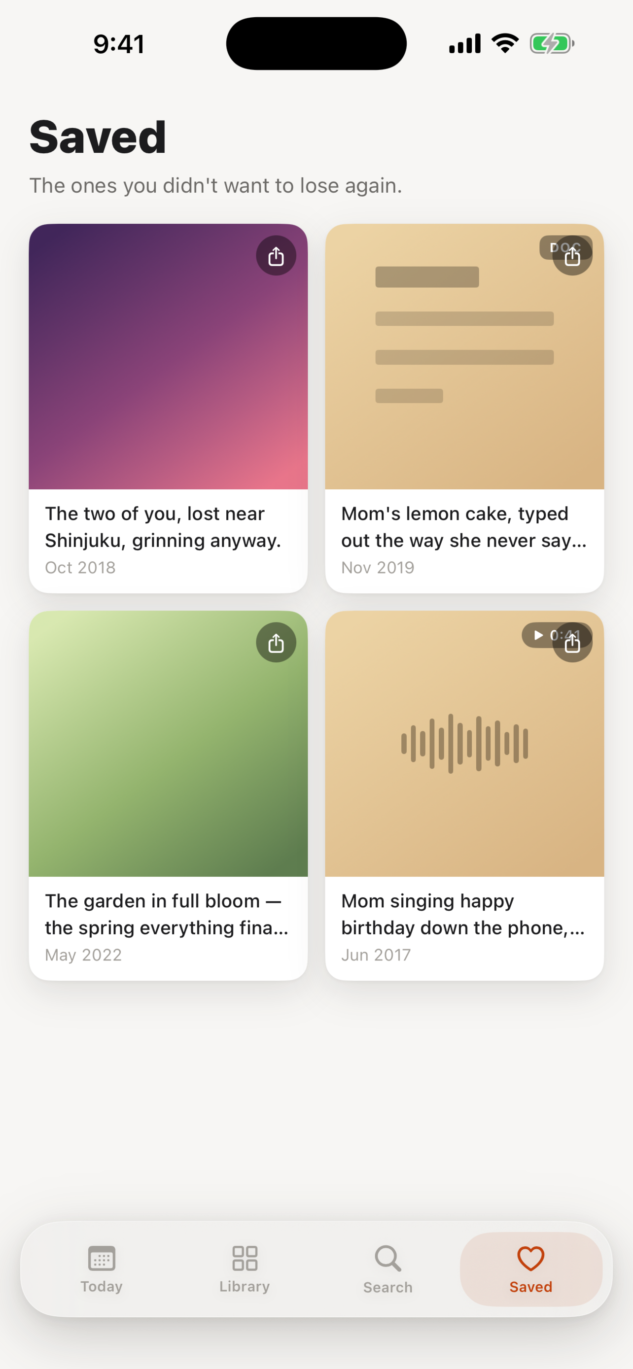 Saved: the memories you've hearted, kept one tap away.