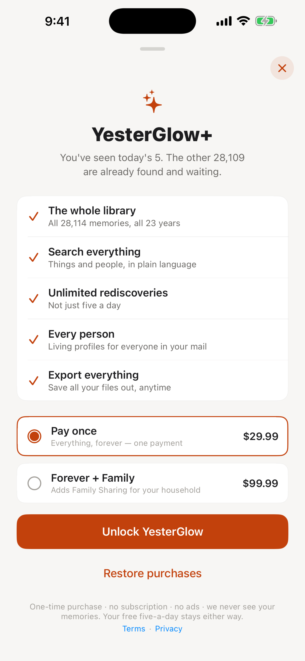 The upgrade screen: a one-time purchase to unlock the whole library — no subscription.